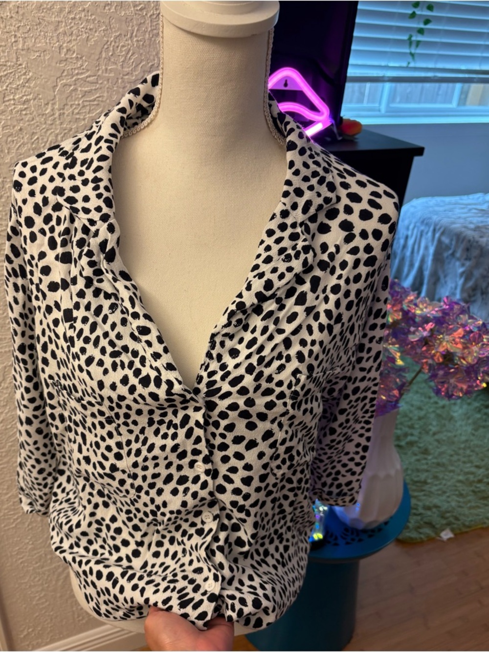 Nasty Gal Black & White Dalmatian Spot Button-Down Shirt